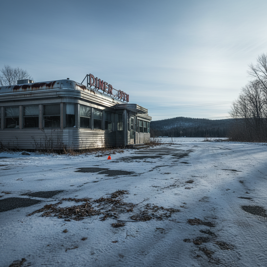 A snow-dusted, abandoned roadside diner along a rural Northeastern highway, its stainless-steel facade dulled and streaked with rust, neon sign half-burned out and reading only fragments of its original name. The cracked parking lot is scattered with windblown leaves and a single, forgotten evidence marker near the entrance. Late-afternoon winter light provides a cold, blue-tinged ambience, with long, stark shadows stretching across the scene. Photographic realism captured from a low, wide-angle perspective, emphasizing the diner’s isolation against distant tree-lined hills. The composition has sharp focus throughout, evoking a somber, haunting mood that suggests an unresolved past lingering in a quiet, forgotten place.