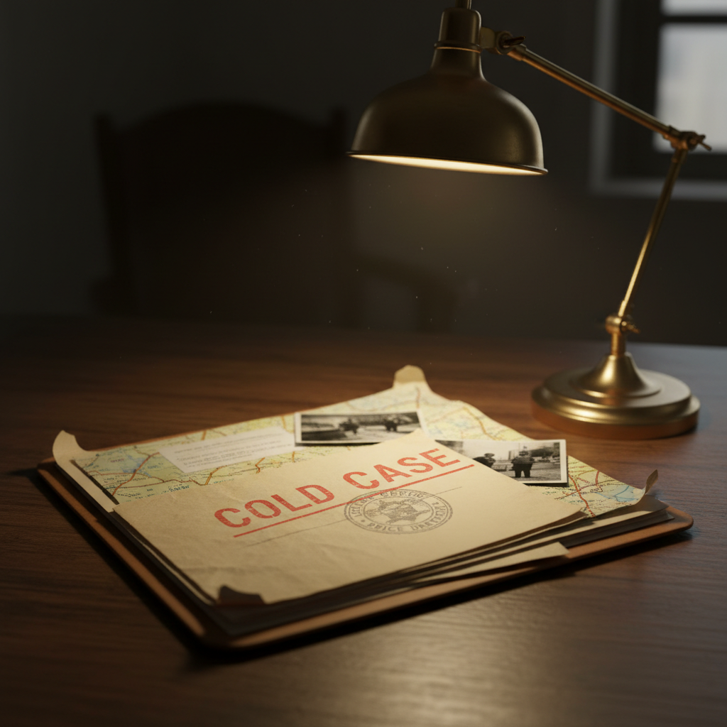 An aged manila case file stamped “COLD CASE” in faded red ink lies slightly askew on a dark oak desk, its corners softened and curled from decades of handling. Yellowing police reports, black-and-white crime scene photos, and a worn Northeastern U.S. highway map peek from the partially open folder. A brass desk lamp casts a tight pool of warm, focused light, leaving the edges of the room in shadow. Dust motes hang in the air, barely visible. Photographic realism, shot from a slightly elevated angle with shallow depth of field, the case file in razor-sharp focus and the background receding into soft blur, creating a serious, investigative atmosphere of quiet, methodical discovery.