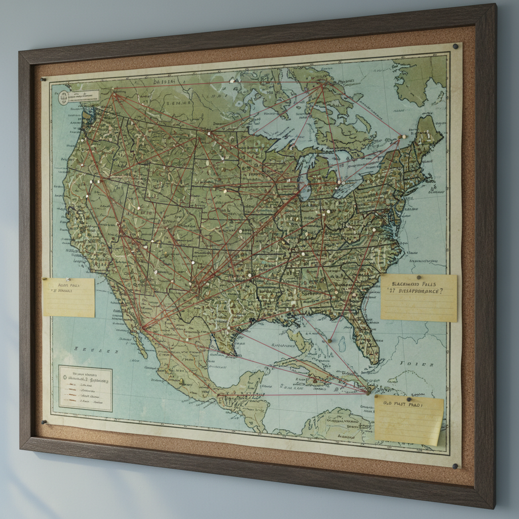 A large, detailed vintage map of the Northeastern United States is pinned to an old corkboard, its muted greens and sepia tones faded with time. Thin red string connects clusters of small metal pins marking rural towns, industrial cities, and forgotten backroads, forming a complex web of unsolved mysteries. Handwritten labels on yellowing index cards flank the map’s edges. Cool, diffused overcast light filters through an unseen window, casting soft, natural illumination without harsh shadows. Photographic realism at eye level, framed using the rule of thirds so the densest cluster of strings dominates one side, conveying a meticulous, analytical mood that hints at hidden histories slowly being connected.