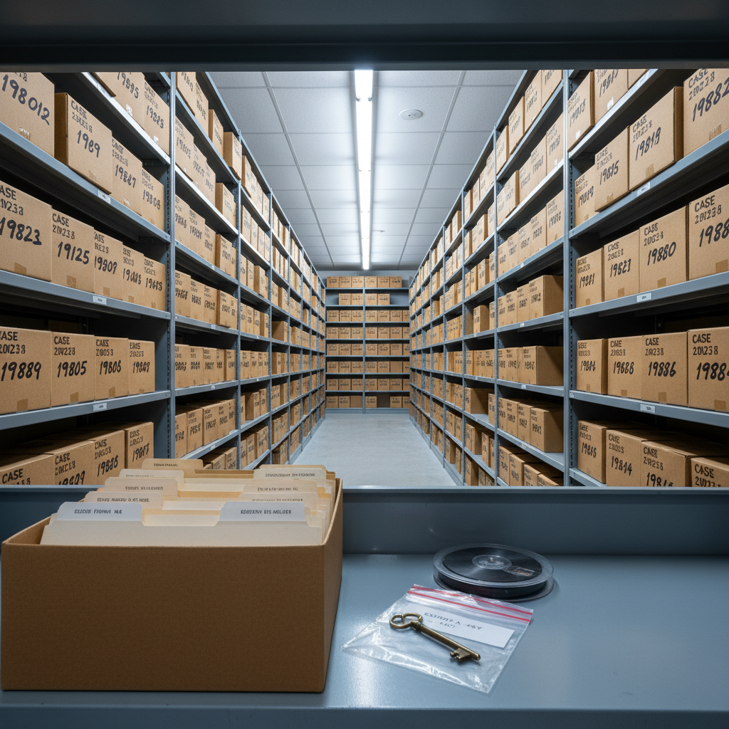 A meticulously organized archival storage room filled with tall metal shelves of labeled cardboard boxes, each marked with case numbers and Northeastern town names in black marker. In the foreground, a single open box reveals neatly stacked manila folders, a reel-to-reel audio tape, and a small evidence bag containing a tarnished key. Fluorescent ceiling lights cast cool, even illumination, creating crisp highlights on the metal shelving and subtle shadows beneath each box. Photographic realism, shot from a centered, eye-level perspective with deep focus to capture the repeating rows fading into the distance. The mood is professional and methodical, suggesting a vast reservoir of hidden histories waiting to be uncovered through careful, systematic investigation.